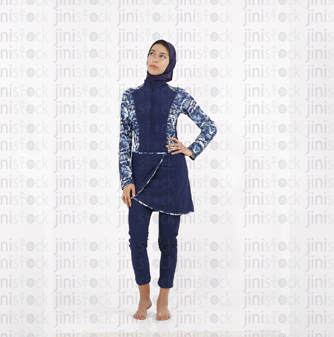 A standing female model with a burkini