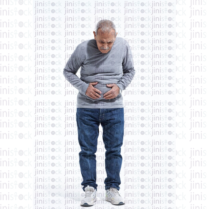 Old man with stomach pain full length front view