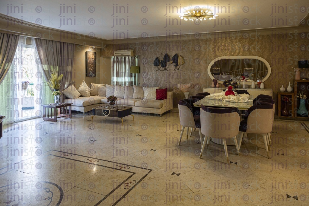 wide view for a dinning nad living room inside an Egyptian house