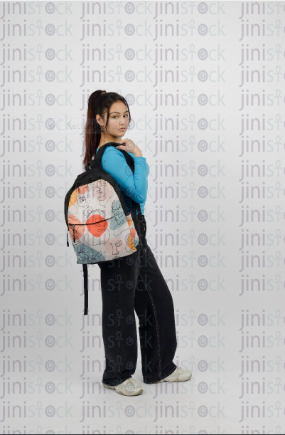 Girl carrying a schoolbag with a frowning face - stock image