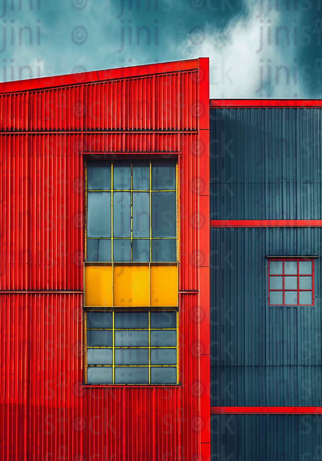 Red and blue building with modern architecture stock image