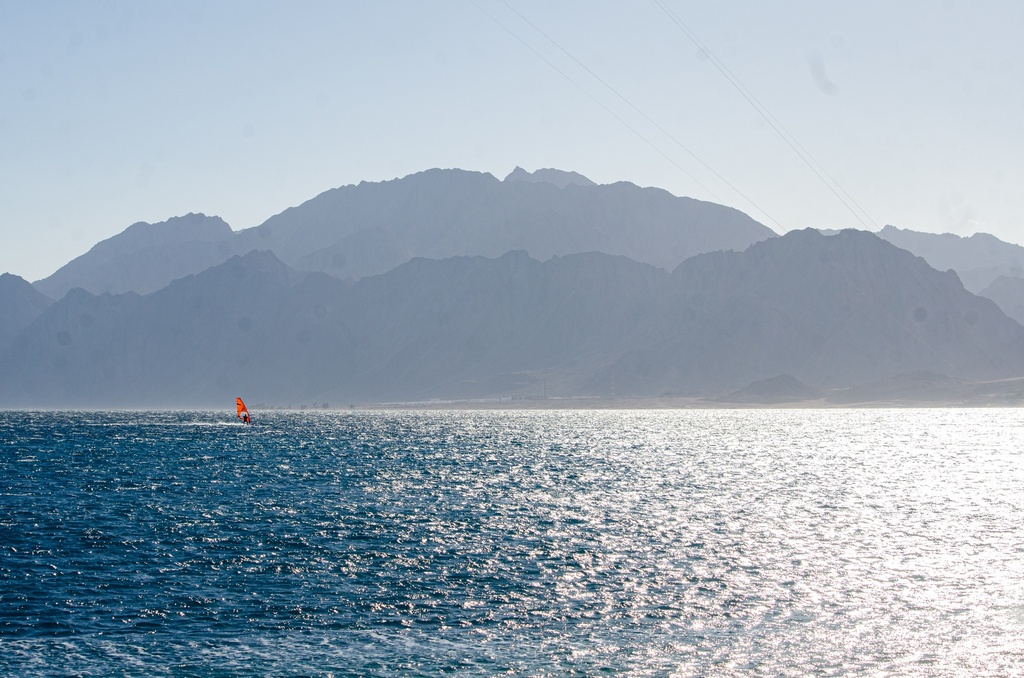 high sea mountains in the fog.