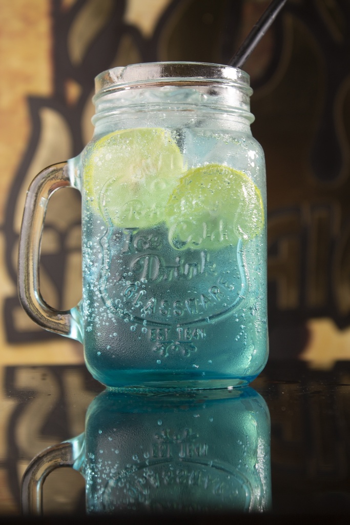 blue Soda drink in a glass mug