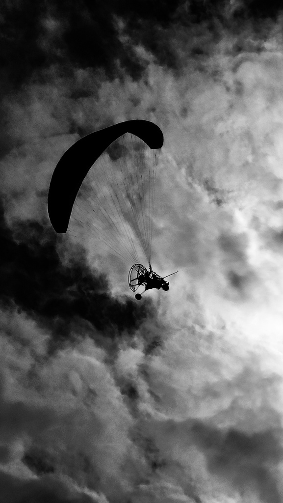 silhouette for a parachute or a paragliding in the sky in black and white