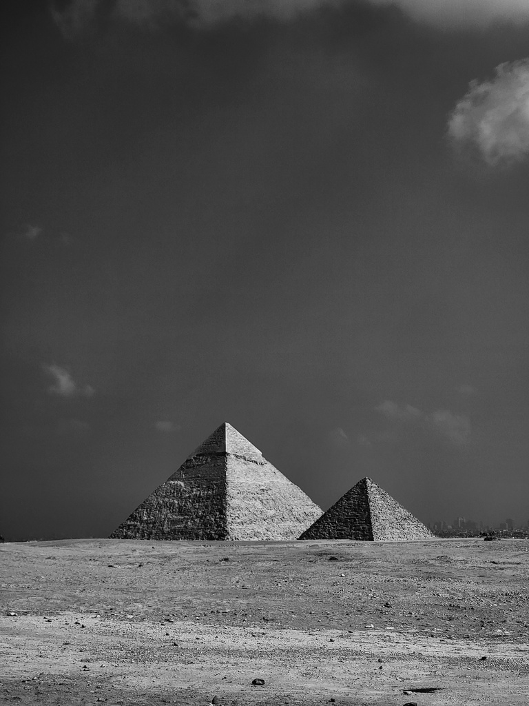 The pyramids in black and white wide view