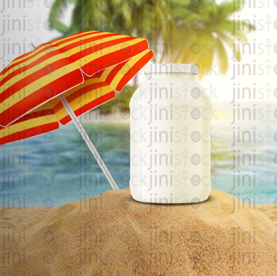 white product mock up on a sandy beach under an umbrella