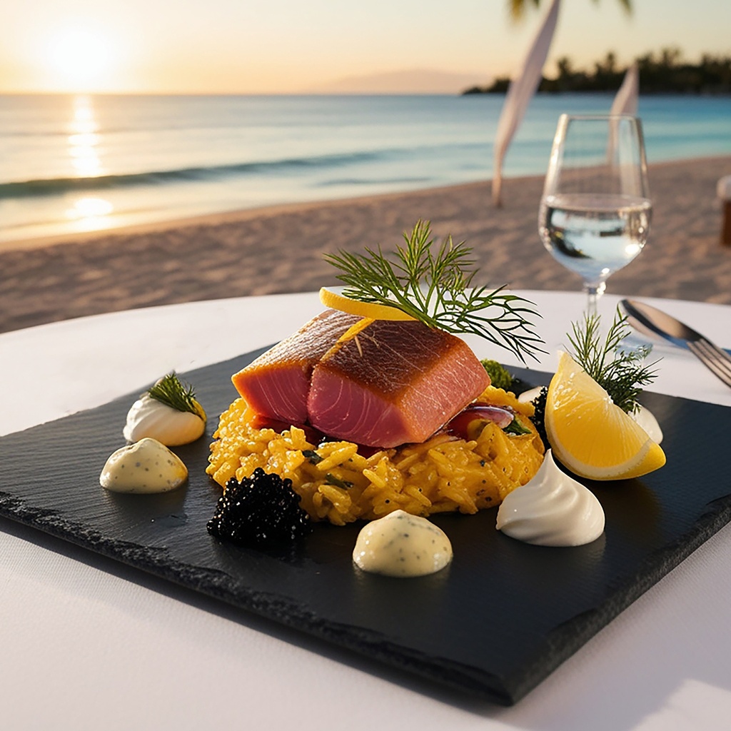 Gourmet fish dish on the beach (ai)