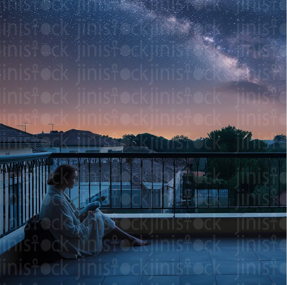 A lonely girl sitting in a balcony a under the night sky that is full of stars AI