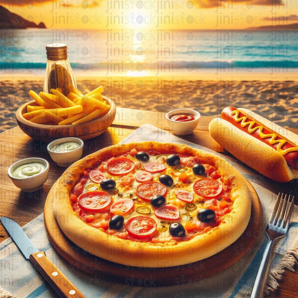 Pizza, potatoes and a sandwich sausage at the beach ai