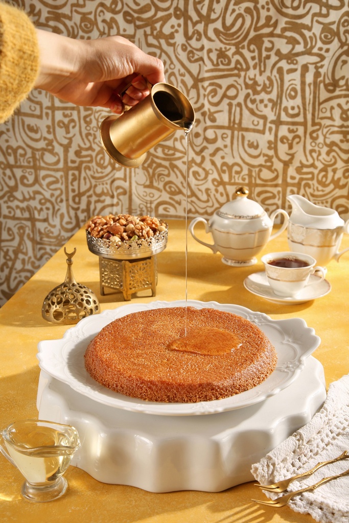 Basbousa with honey in a Ramadan theme