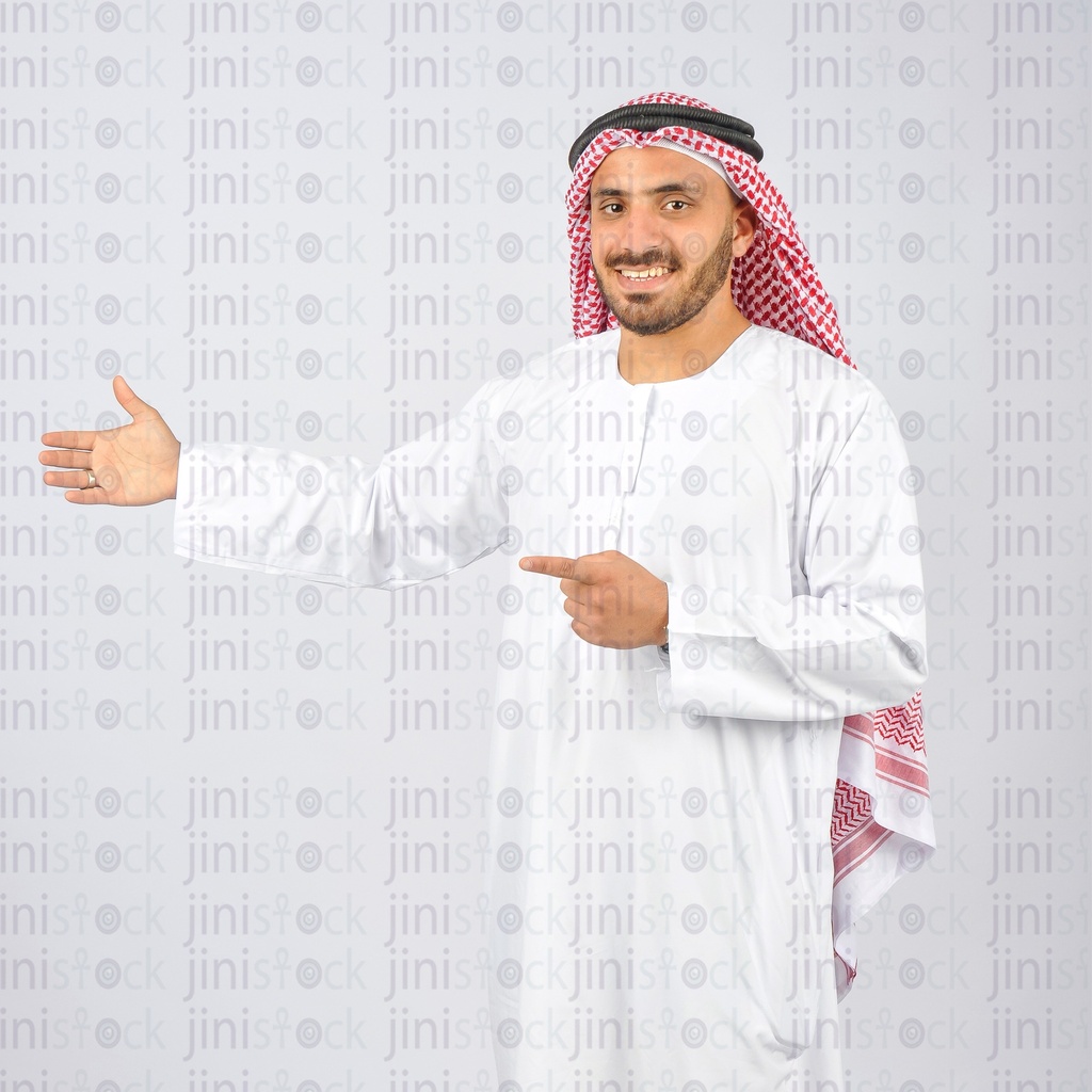 Khaliji man welcoming and pointing