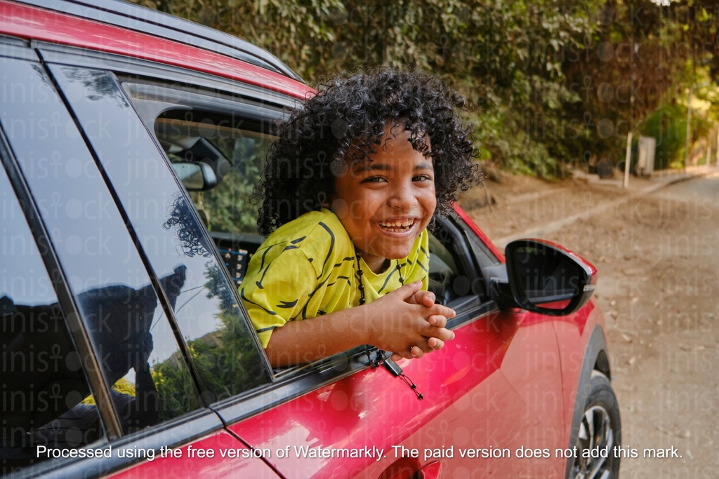 boy with curly hair in a car