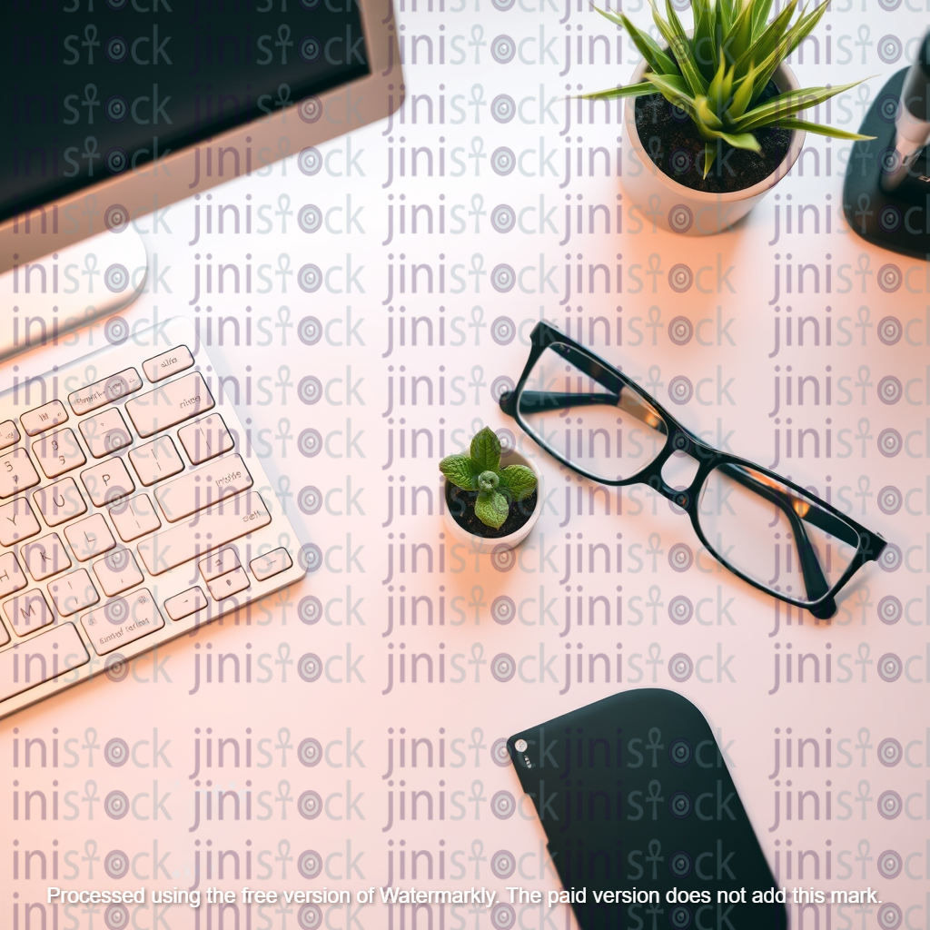 white desk top view with reading glass,mobile and keyboard