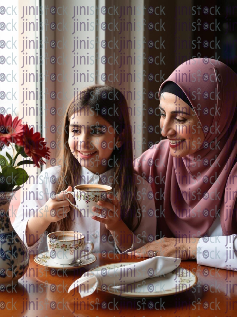 flower vase window  lady with hijab taking morning coffee with daughter