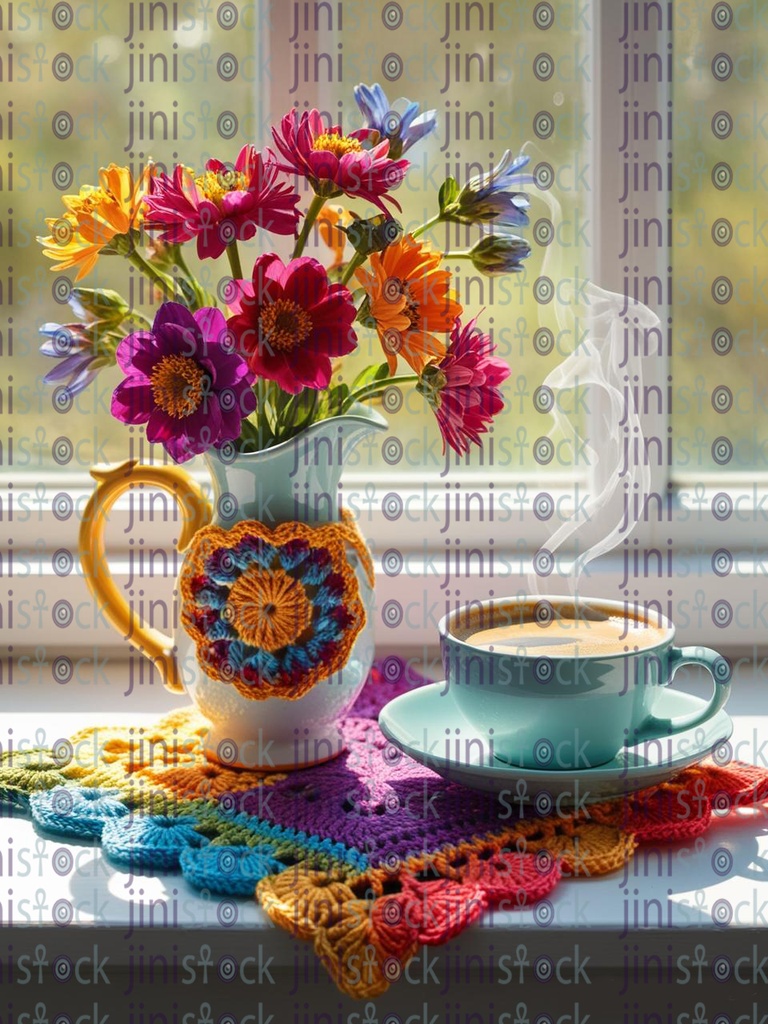 flower vase window crochet napkin coffee