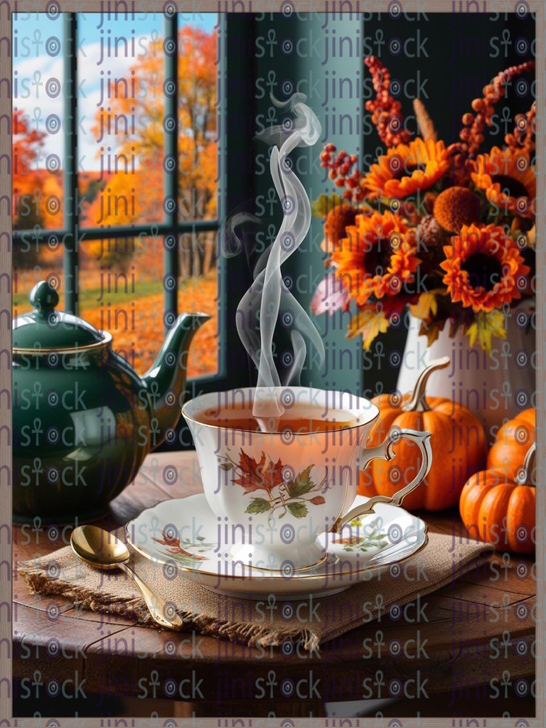 teacup with tea wooden table green teapot pumpkins orange flower vase autumn  window