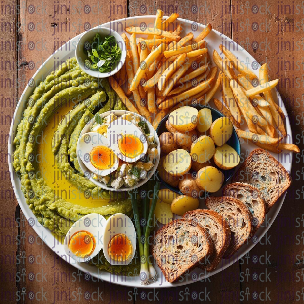 Egyptian breakfast mashed beans with boiled eggs potato cheese bread  spring onion