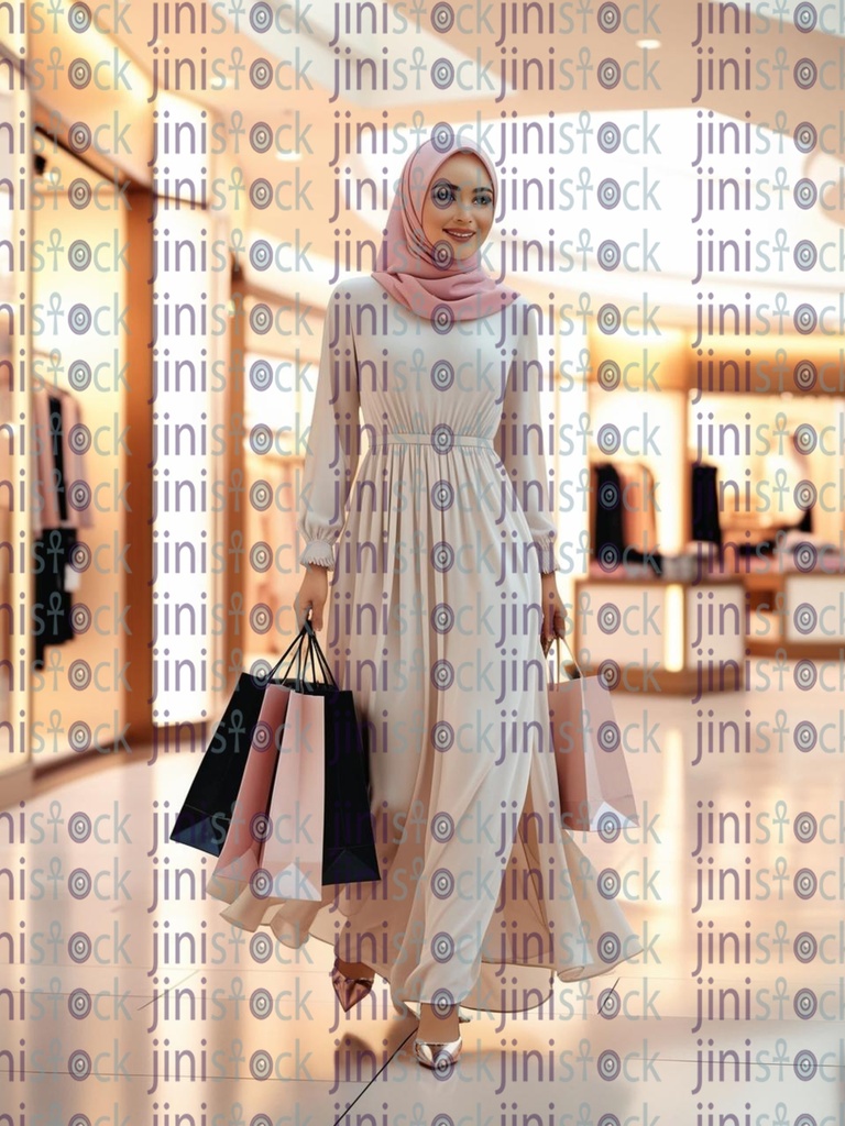 Arabic woman with white dress hijab shopping in a mall carrying bags