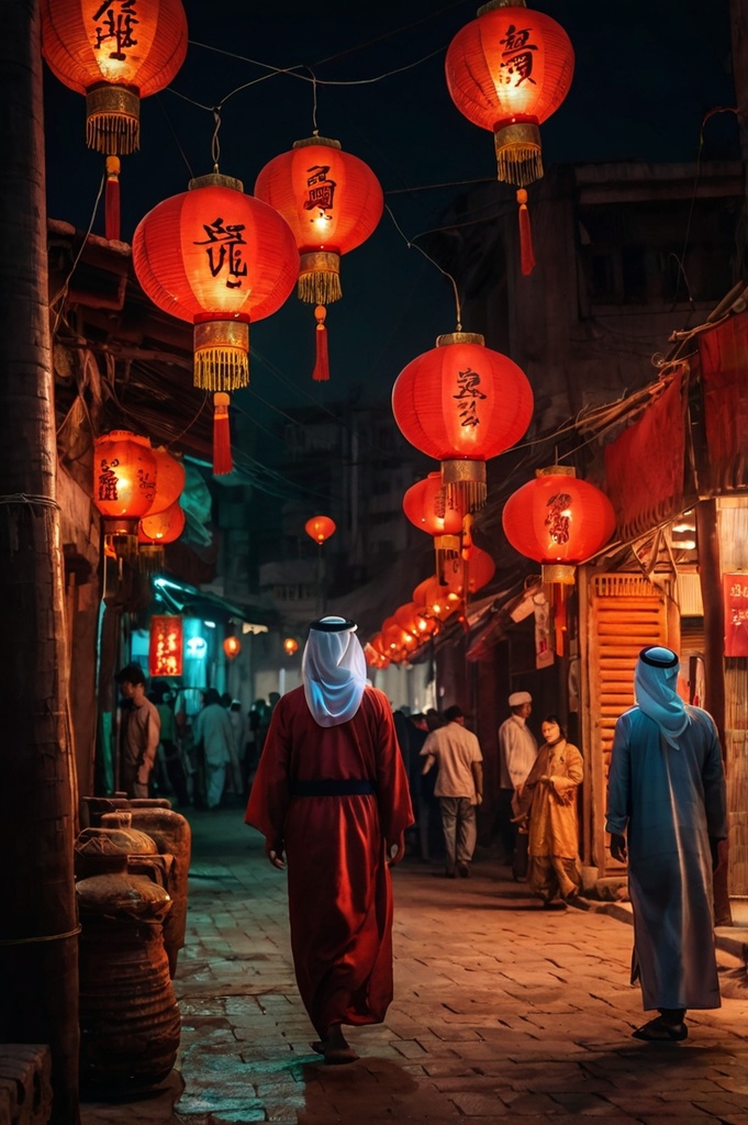 khaliji men walking the streets of china in the chines new years (ai)