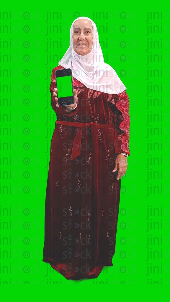 An Egyptian woman checking her mobile phone happily and enthusiastically. holding the mobile and recommending using an application or service