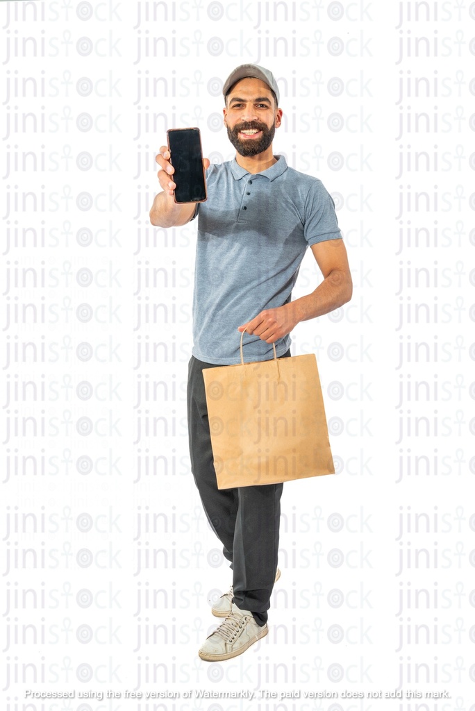 delivery man holding a mobile and package