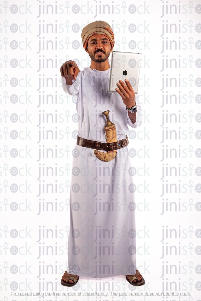 Omani khaliji arab from gulf holding ipad and pointing to the camera