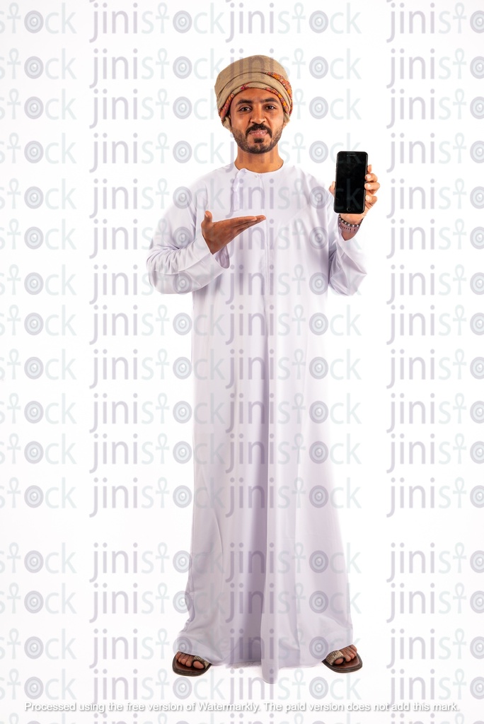 Omani arab khaliji man from gulf pointing at his mobile