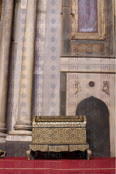 detailed wooden box in a mosque - stock image