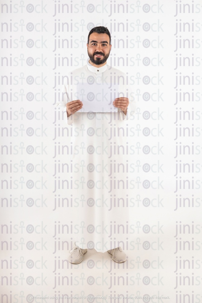a khaliji saudi man from gulf holding a white blank sign stock image with high quality