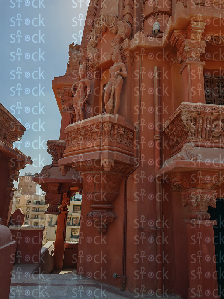 Red sandstone carvings on facade 