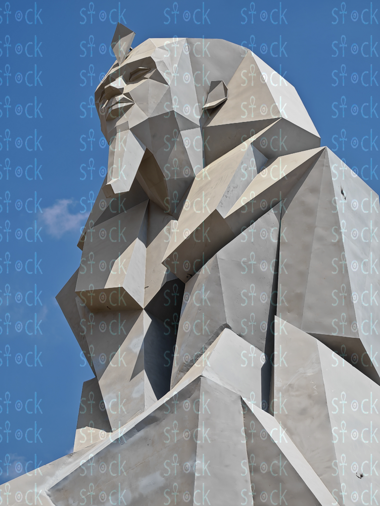 The massive statue from a low angle