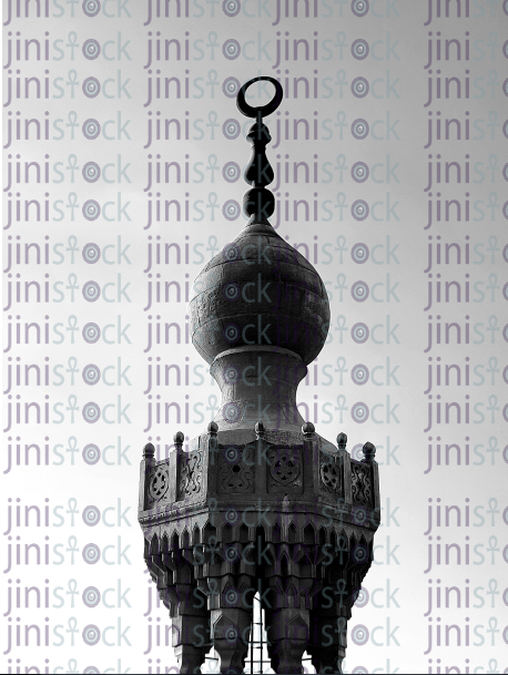A close-up photo of the minaret of an ancient mosque - black and white - stock image