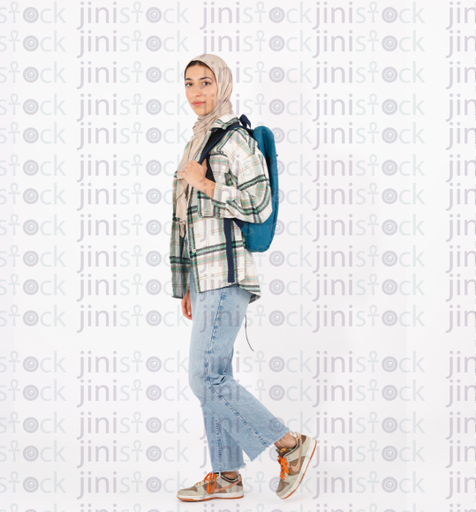 Full length young happy Egyptian hijab girl teen student wear denim clothes backpack walk go isolated