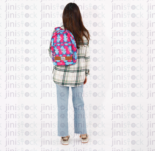 a girl carrying a colourful back bag with her back to the camera