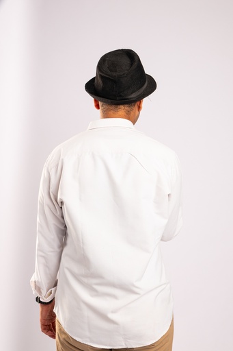 the back for a man wearing a hat - stock image