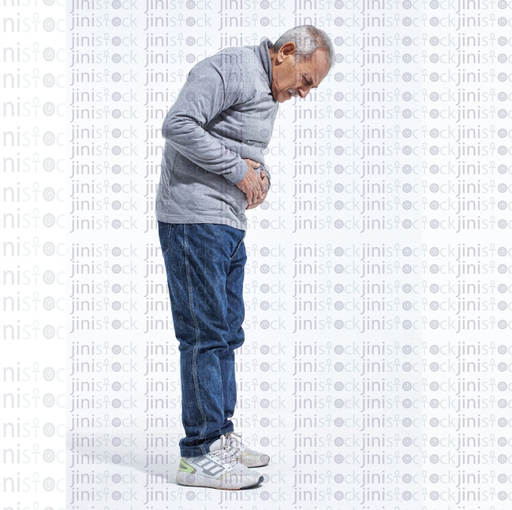 old man with stomach pain side view full length