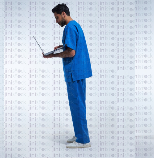 Doctor checking his laptop full length