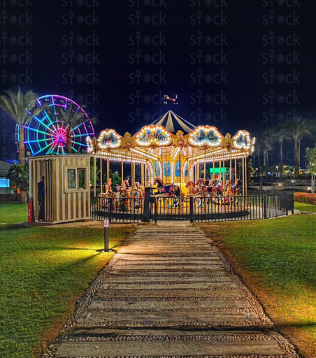 Zed park carousel lights up at night.