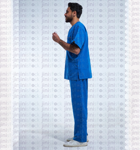 doctor or nurse talking in a blue gown side view