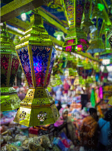 Many Ramadan lanterns in the market - stock image