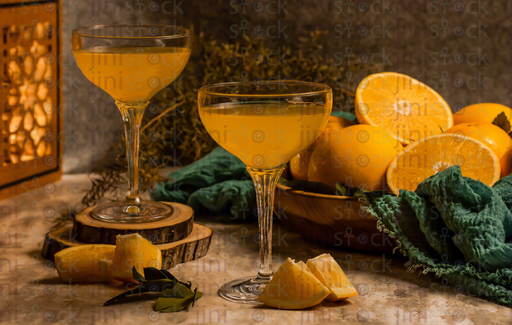 orange juice in a glass flask with an orange basket in the background