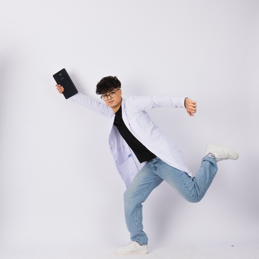 young doctor or scientist running holding an iPad