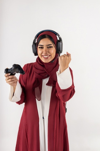 a stock image of a girl playing online games on isolated background