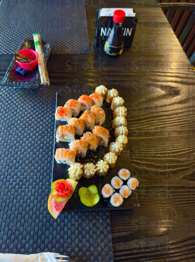 Sushi top view in a restaurant table