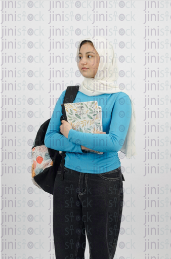 Hijabi girl holding backpack and books and looking to the side - frontal portrait - closed up - Stock image