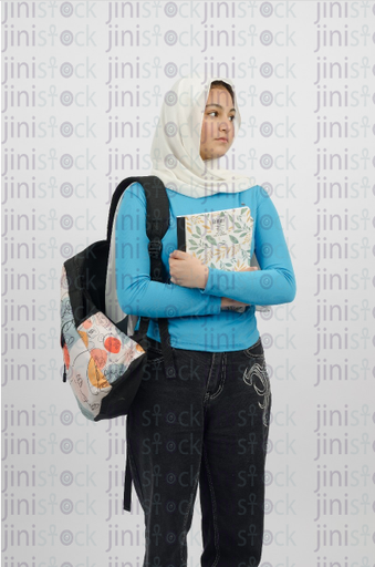 Hijabi girl holding backpack and books and looking to the side - frontal portrait - stock image