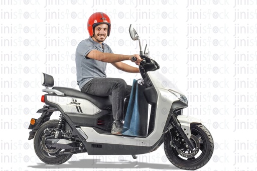 A male courier wearing red helmet and riding a white scooter and holding two bags