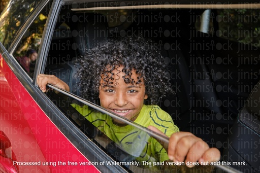 boy looking from car back seat window