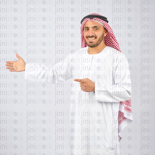 Khaliji man welcoming and pointing