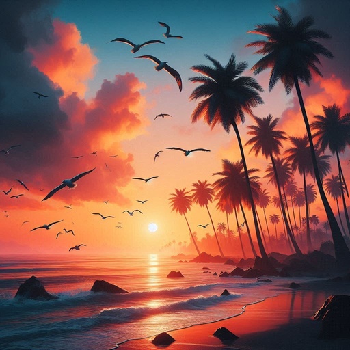 Sea shore with palm trees during sunset